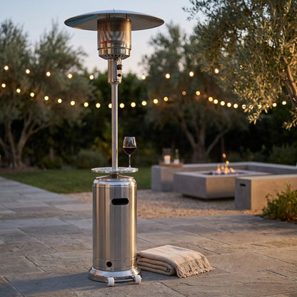 Patio Heater- 87'' Tall Stainless Steel AZ Patio Heater with Table — Studio Shot
