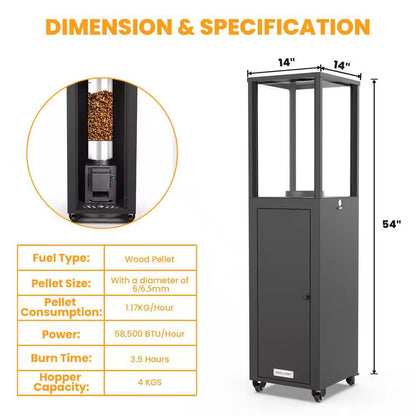 58,500 BTU Steel Wood Pellet Standing Patio Heater with Wheels-Black