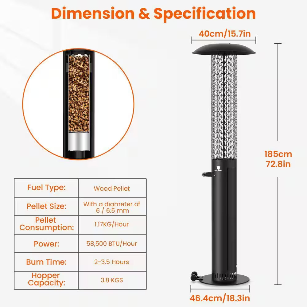 58,500 BTU Steel Wood Pellet Freestanding Patio Heater with Wheels-Black