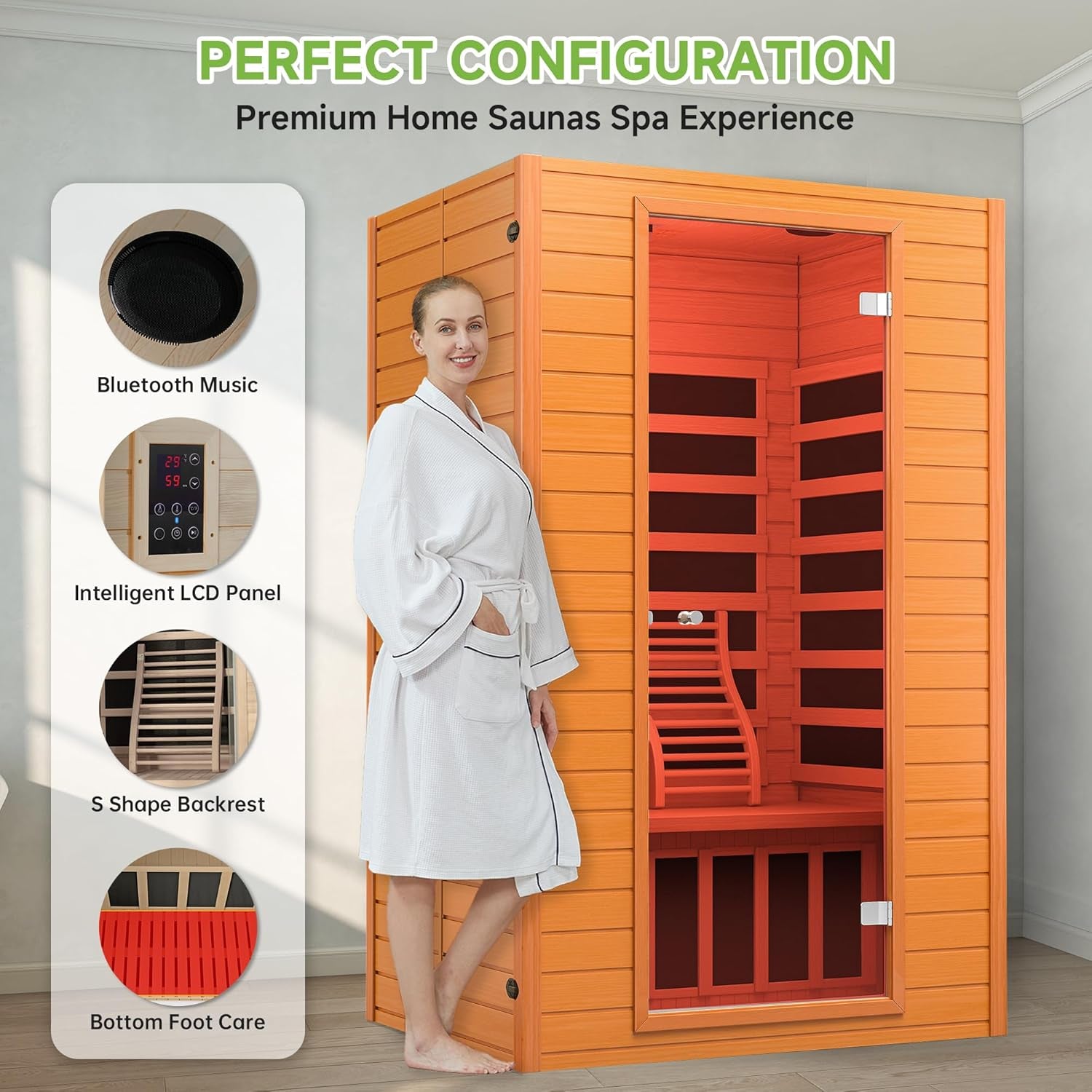 Infrared Sauna, 2 Person Low EMF FAR Infrared Saunas for Home, Indoor Personal Canadian Hemlock Wood Sauna with 9 Chromo Therapy Lights, Bluetooth Speakers for Home & Gym Spa
