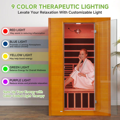 Infrared Sauna, 2 Person Low EMF FAR Infrared Saunas for Home, Indoor Personal Canadian Hemlock Wood Sauna with 9 Chromo Therapy Lights, Bluetooth Speakers for Home & Gym Spa