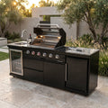Outdoor Kitchen Island Black Stainless Steel with Sink & 46-Inch 4-Burner 72000 BTU Grill, Wine Cooler, Refrigerator, Rotisserie Kit & Granite Countertops