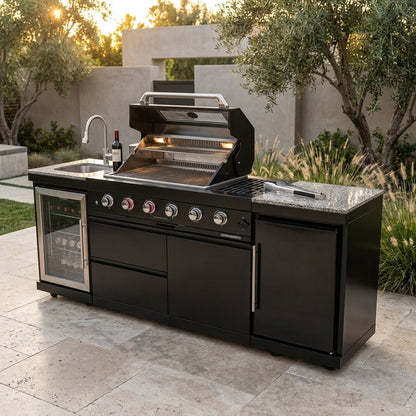 Outdoor Kitchen Island Black Stainless Steel with Sink & 46-Inch 4-Burner 72000 BTU Grill, Wine Cooler, Refrigerator, Rotisserie Kit & Granite Countertops — Studio Shot