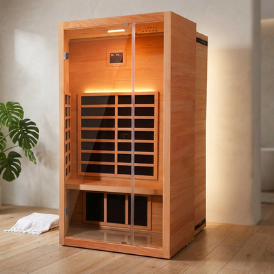 1 Person Extendable FAR Infrared Sauna for Home, Hemlock Wood Low EMF 6 Carbon Heaters Indoor Saunas with LED Lights, Bluetooth Speaker, Digital Control Panel, and Seating Bench