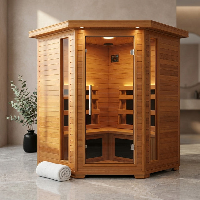 4-Person Cedar Corner Infrared Sauna with 10 Carbon Heaters — Studio Shot