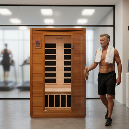 DYNAMIC SAUNAS Andora 2-Person Low EMF FAR Infrared Sauna with Red Light Therapy - Personal Indoor Dry Heat Wooden Sauna with Bluetooth Speakers for Home & Gym - Made from Canadian Hemlock Wood