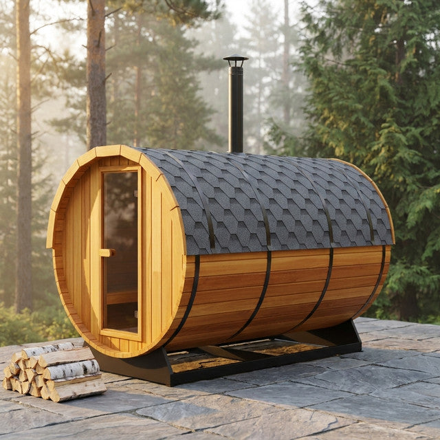 Outdoor Barrel Traditional Steam Cedar Wood Sauna with Wood Burning Stove — Studio Shot