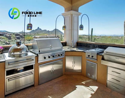 Customizable Outdoor Kitchen BBQ Island L-Shaped Full Kitchen Cabinets with Bar Natural Gas Full-Size Adjustable Height