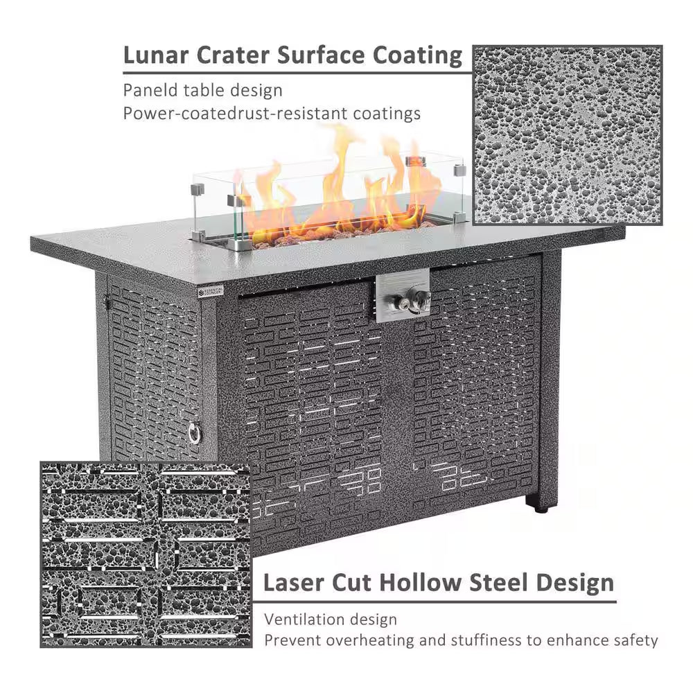 42 In. Gray Rectangle Propane Gas Fire Pit Table 50,000 BTU with Lid, Glass Wind Guard, Waterproof Cover, Lava Rocks