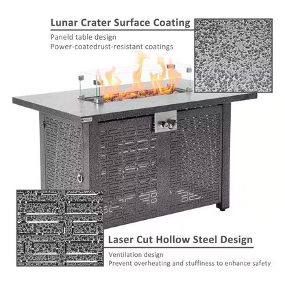 42 In. Gray Rectangle Propane Gas Fire Pit Table 50,000 BTU with Lid, Glass Wind Guard, Waterproof Cover, Lava Rocks