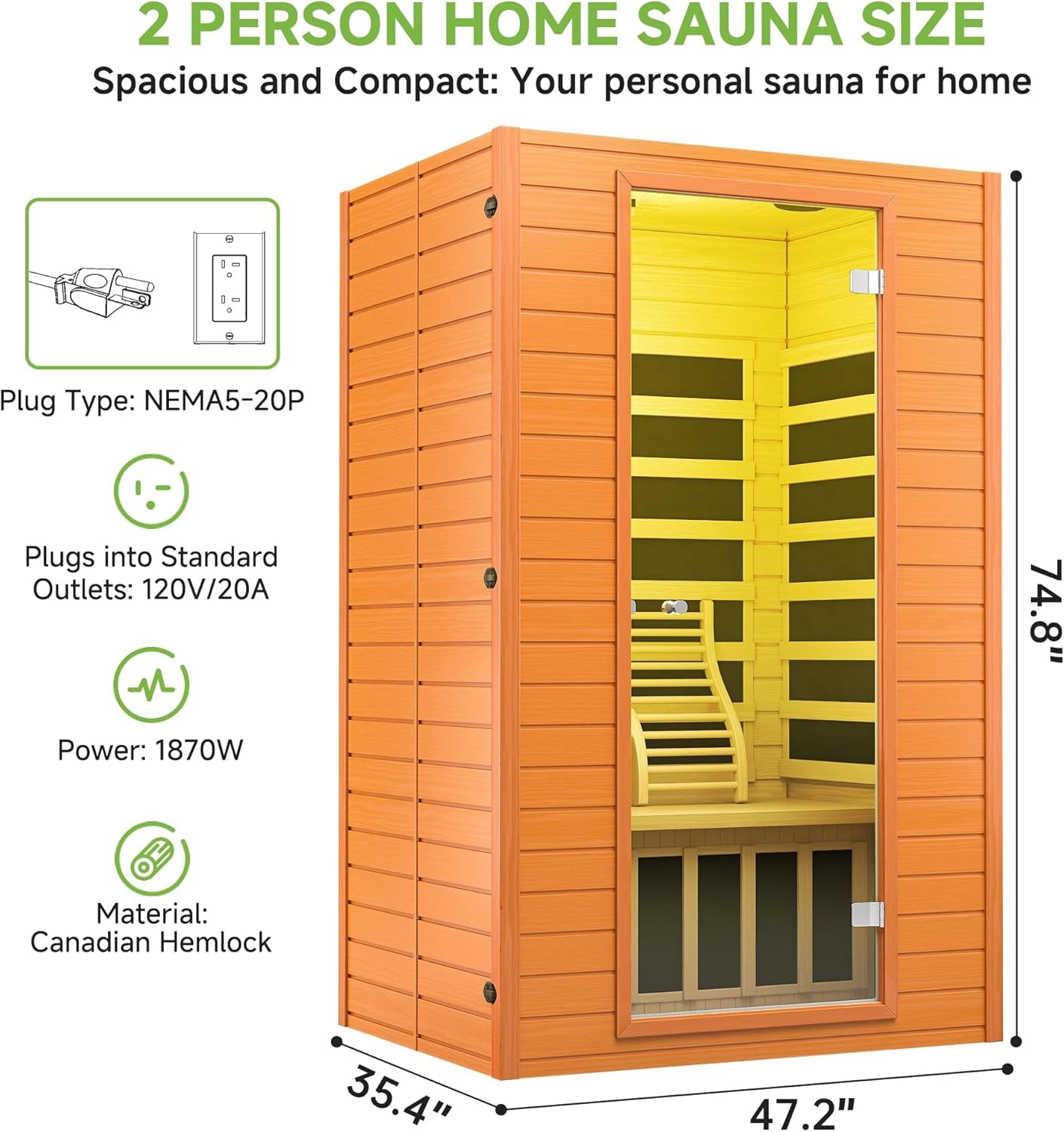 Infrared Sauna, 2 Person Low EMF FAR Infrared Saunas for Home, Indoor Personal Canadian Hemlock Wood Sauna with 9 Chromo Therapy Lights, Bluetooth Speakers for Home & Gym Spa