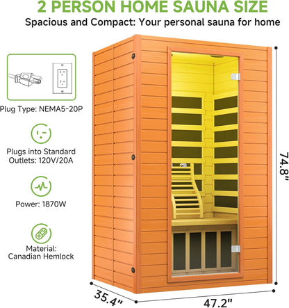Infrared Sauna, 2 Person Low EMF FAR Infrared Saunas for Home, Indoor Personal Canadian Hemlock Wood Sauna with 9 Chromo Therapy Lights, Bluetooth Speakers for Home & Gym Spa