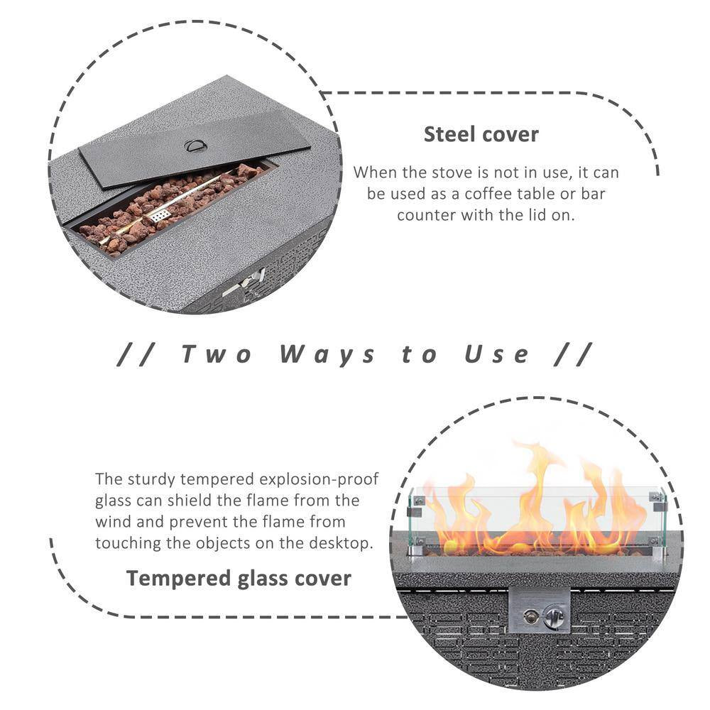 42 In. Gray Rectangle Propane Gas Fire Pit Table 50,000 BTU with Lid, Glass Wind Guard, Waterproof Cover, Lava Rocks